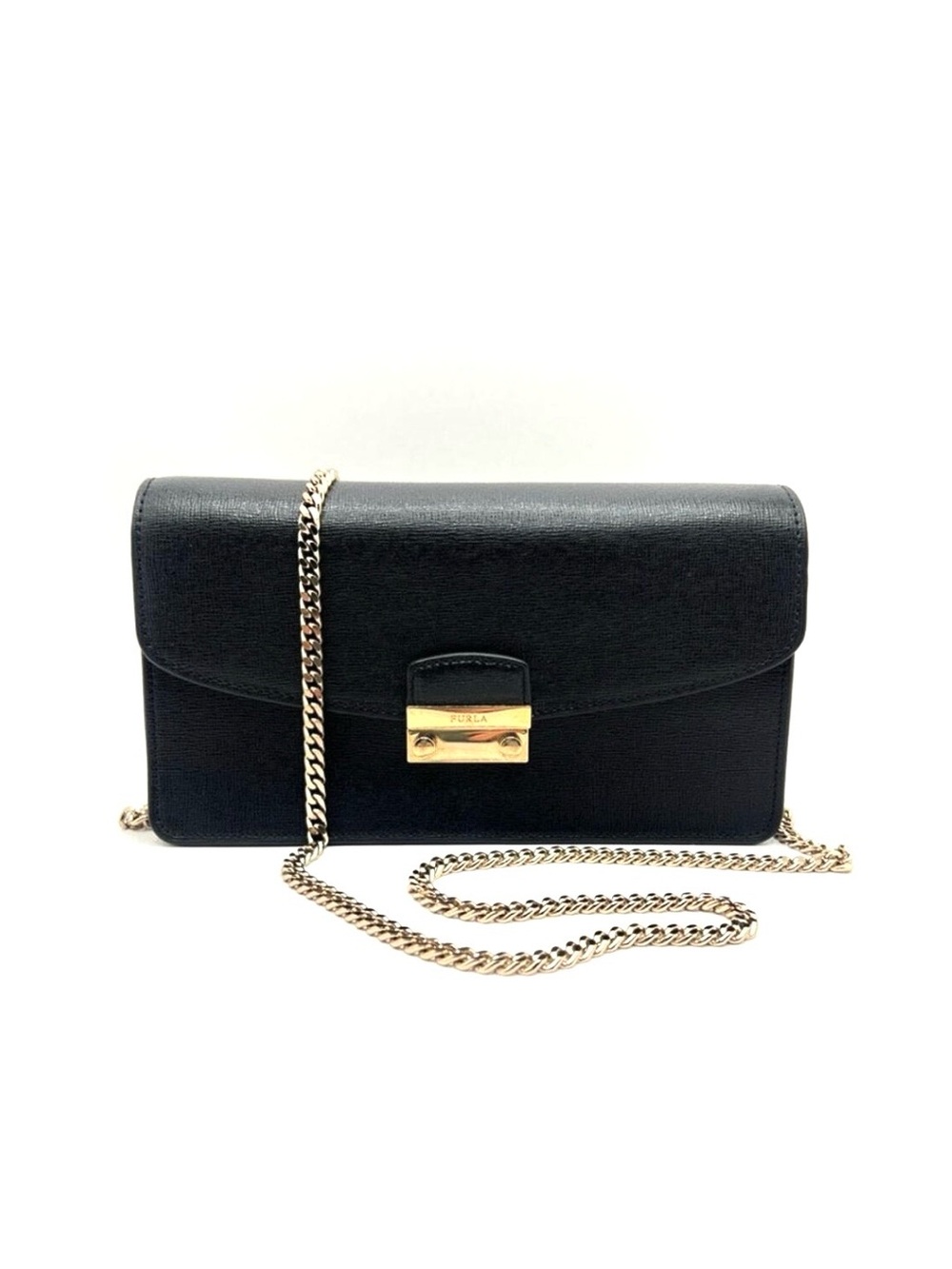 Authentic FURLA Black Leather Clutch Crossbody Purse W/ Removable Chain